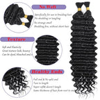 Human Braiding Hair for Boho Braids Bohemian Deep Wave Bulk Human Braiding Hair 100% Unprocessed Brazilian Virgin Human Hair Extensions 2 Bundles Micro Braiding Hair (18 inch,Natural Black)