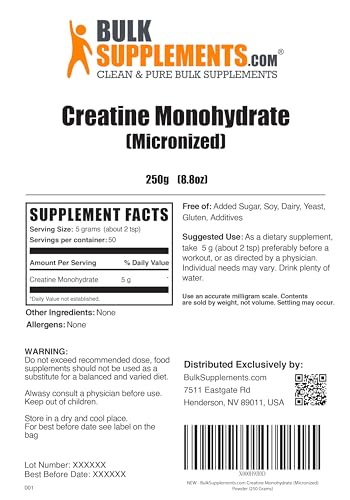BULKSUPPLEMENTS.COM Creatine Monohydrate Powder - Micronized Creatine Monohydrate, Creatine Supplement, Creatine Powder - 5g (5000mg) per Serving, Unflavored & Gluten Free, 250g (8.8 oz)