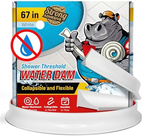 Shower Threshold Water Dam Barrier 67" - White Collapsible Shower Water Blocker - Guard for Walk in Shower - Water Guard Stopper for Floor - Shower Door Water Blocker by Hippo Dam