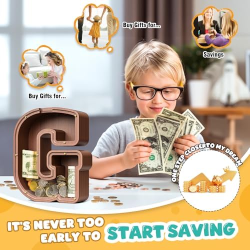 Summidate Wooden Letter Piggy Bank, Extra Thick Large Capacity Piggy Bank for Kids Boys Girls Toddler, Alphabet G Money Bank| Coin Box Birthday, Christmas, Festival
