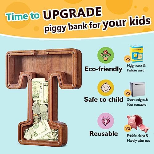 Summidate Customized Name Extra Large Wooden Piggy Bank for Kids Boys Girls Alphabets Letter A-Z Coins Bills Money Change Saving Box Clear Cover (Laser Engraved) Educational Toys 12"- Letter T