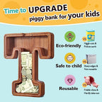 Summidate Customized Name Extra Large Wooden Piggy Bank for Kids Boys Girls Alphabets Letter A-Z Coins Bills Money Change Saving Box Clear Cover (Laser Engraved) Educational Toys 12"- Letter T