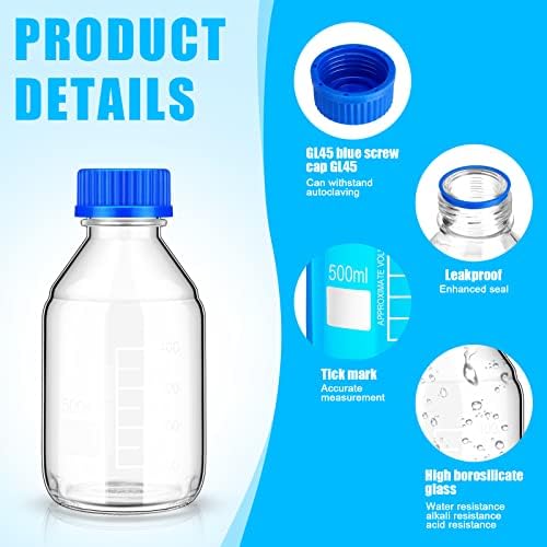 Chuarry 16 Pieces Media Storage Bottles Borosilicate Storage Glass Bottle Scientific Round Graduated Media Bottle with Blue Gl45 Screw Cap for Lab Water Reagent Liquids (500 ml)