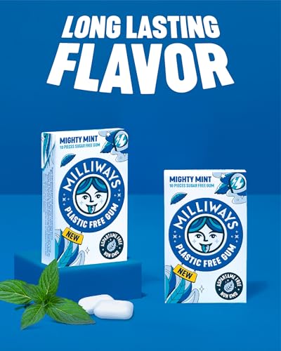 Milliways Mighty Mint Super Natural Gum - Plastic-Free Chewing Gum | Xylitol, Aspartame-Free, Sugar-Free, Plant-Based | 12 Packs of 10 Pieces (120 Pieces Total)