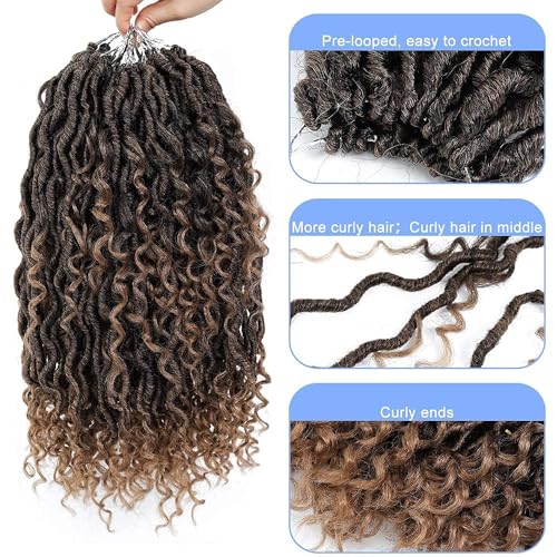 6packs Curly Faux Locs Crochet Hair 14 Inch Ombre Blonde River Goddess Locs Crochet Braids for Black Women Boho Styles Pre Loop Crochet Locs with Curly Hair in Middle Synthetic Bohemian Curls #T27
