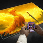 Playmats for Magic: The Gathering MTG Card Game Mat Plus 50 Pcs Card Sleeves, 24 x 14 inch TCG Mat with Stitched Edge for Commander Deck Duskmourn Board Game, Golden Chocobo