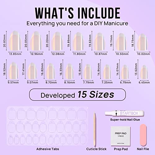 French Tip Press On Nails - BTArtbox White Almond Medium Reusable Stick On Nails in 15 Sizes - 30 Soft Gel Fake Nail Kit for Women Gift, Classic