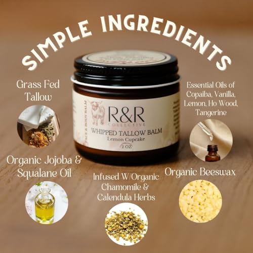 Handmade Tallow Balm (Lemon Cupcake)- 100% Grass Fed Beef Tallow for Skin Care- 100% Natural Whipped Tallow Balm- Sensitive & Dry Skin, Eczema, Psoriasis- 2 FL. oz
