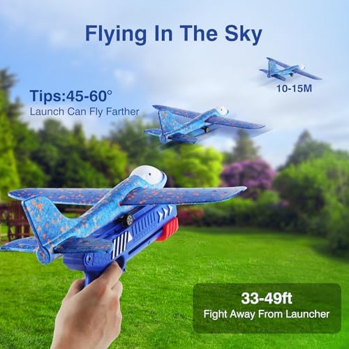 4 Pack Airplane Launcher Toys, 2 Flight Modes LED Foam Glider Catapult Plane Toy for Boys, Outdoor Flying Toys Birthday Gifts for Boys Girls 4 5 6 7 8 9 10 11 12 Year Old