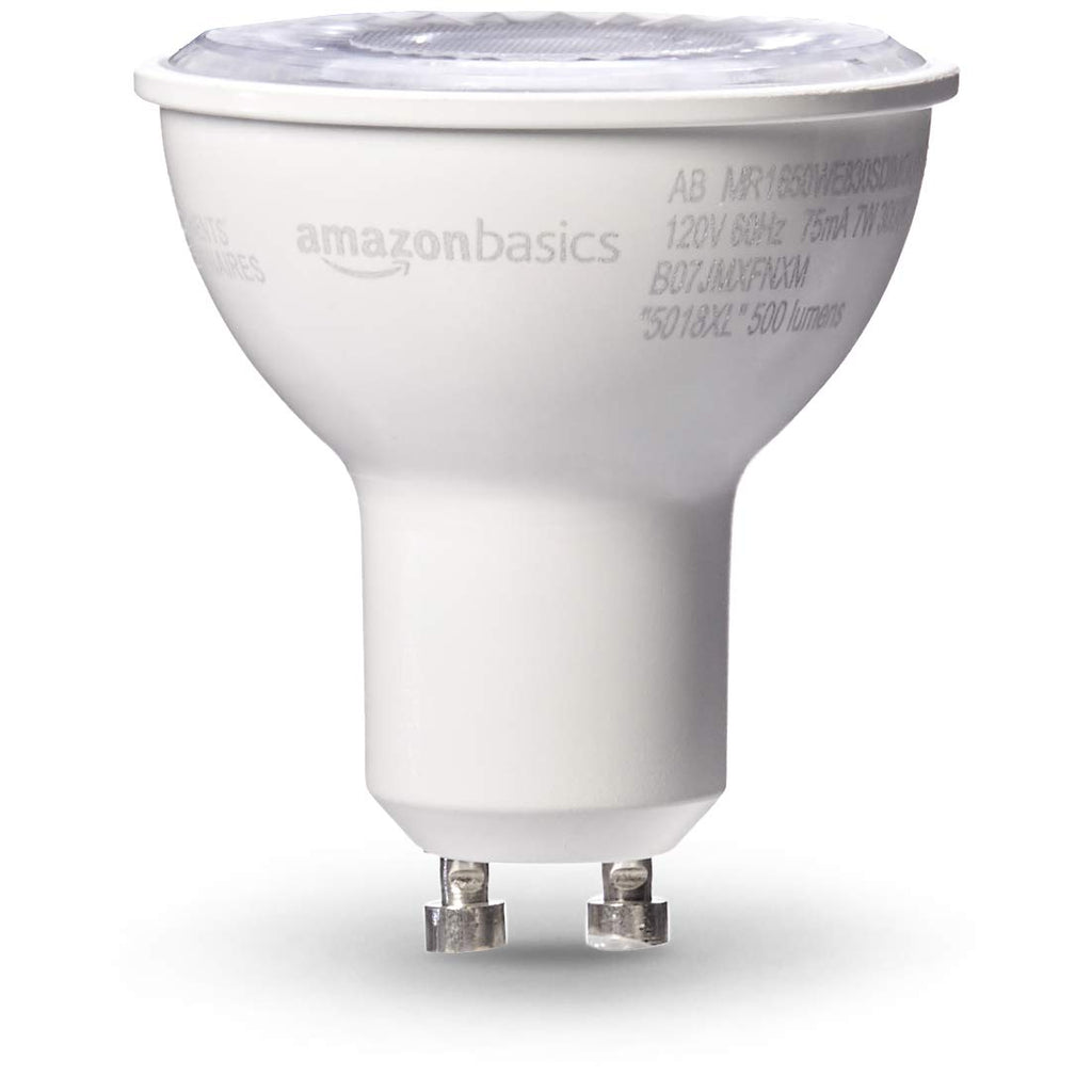 Amazon Basics MR16 LED Light Bulb, 50W Equivalent, Energy Efficient 7W, GU10 Base, Warm White 3000K, Dimmable, 10,000 Hour Lifetime, 6-Pack