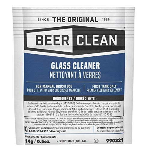 BEER CLEAN Diversey Bar Glass Cleaner, 0.5 oz Packets (100-Pack) – Concentrated Powdered Compound for Hot/Cold Water, Odorless Detergent, No Residue, Use for Manual Brush 3-Sink Systems, 990221