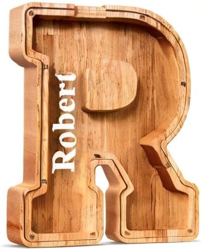 Summidate Customized Name Large Wooden Piggy Bank for Kids Boys Girls Alphabets Letter A-Z Coins Bills Money Change Bank Box Initial on Clear Cover (Laser Engraved) (Alphabet-R, Personalized-9")