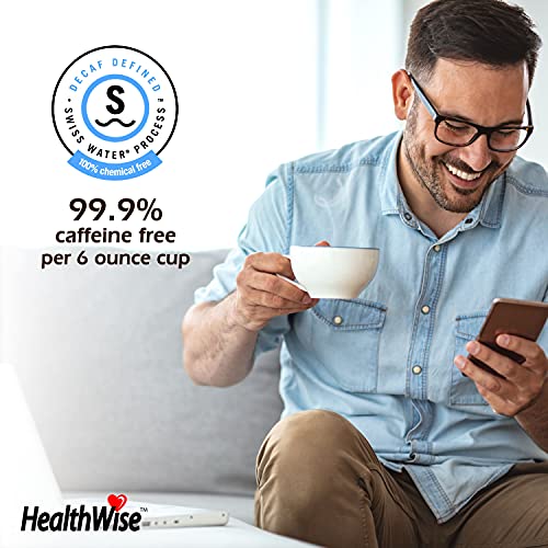 Healthwise Low Acid Unflavored Decaf, Chemical-Free Swiss Water Process, 99.9% Caffeine Free, 100% Colombian Coffee K-Cups – Medium Roast, Healthier Coffee for Sensitive Stomachs - 72 Count (Pack of 6)