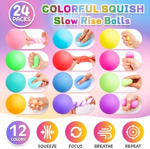 24 Pack Stress Balls for Kids Adults,Slow Rising Stress Ball, Fidget Toys for Anxiety Relief,Hand Therapy Sensory Squishy Ball,Bulk Squeeze Balls,Party Favors Classroom Prizes Goodie Bag Stuffers(2")