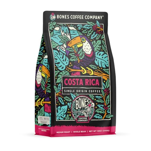 Bones Coffee Company Costa Rica Single-Origin Coffee Beans, Whole Bean Coffee Medium Roast Gifts Low Acid Gourmet, Cocoa, Nutty, Milk Chocolate Notes (12 oz)