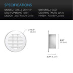 AC Infinity Wall-Mount Duct Grille Vent for 8-Inch Ducting, White Metal, Heating Cooling Ventilation and Exhaust