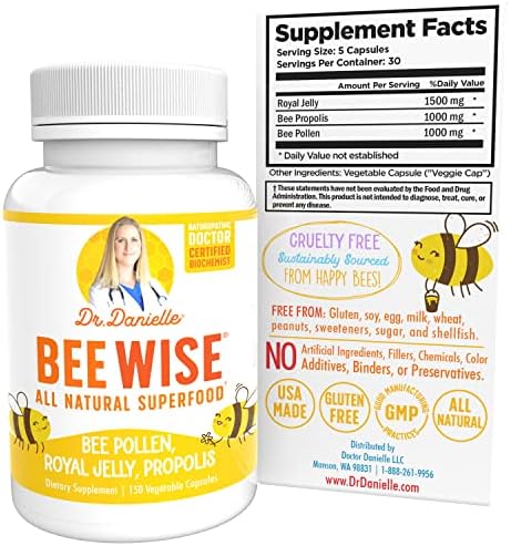 Dr. Danielle's Bee Wise - Bee Pollen Supplement - Bee Well with Royal Jelly, Propolis, Beepollen in 4 Daily Bee Pollen Capsules