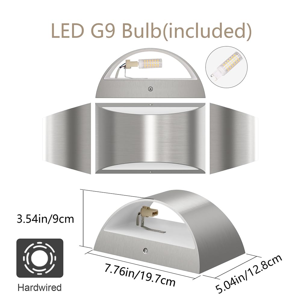 Aipsun Nickel Modern LED Wall Sconce Hardwired Indoor Wall Lights 1 Pack Up and Down Wall Mount Light for Living Room Bedroom Hallway Corridor Conservatory Warm White 3000K(with G9 Bulbs)