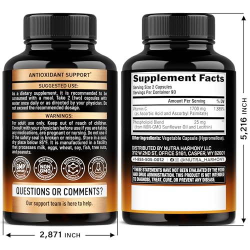 Liposomal Vitamin C 1700 mg - High Absorption Fat Soluble Complex - Antioxidant, Energy Boost & Immune Support - Vitamin C Supplement Made in USA - NON-GMO, SOY-Free & Gentle on Stomach - 180 Capsules