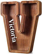 Summidate Customized Name Extra Large Wooden Piggy Bank for Kids Boys Girls Alphabets Letter A-Z Coins Bills Money Change Saving Box Clear Cover (Laser Engraved) Educational Toys 12"- Letter V