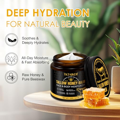 Beef Tallow for Skin, Beef Tallow for Face, Hydrating Tallow Balm with Raw Honey and Beeswax, Grass-Fed Beef Tallow & Raw Wild Honey Blend, Body & Face Moisturizer, Natural Formula, Light Scent