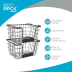 BIRDROCK HOME Stacking Wire Market Basket w/Chalk Label - Metal Storage Bin - Kitchen Counter, Pantry Cabinet, Shelves | Fruit, Vegetables, Bread, Onions, Potatoes & Snack - Metallic Black - Set of 2