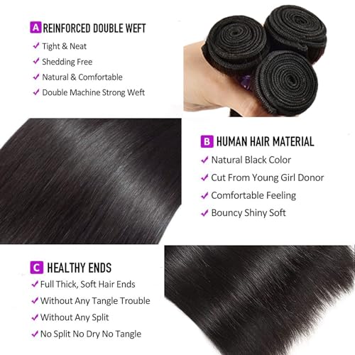 Brazilian Hair Straight Wave 3 Bundles Human Hair 10A Grade Unprocessed Virgin Remy Hair Bundles 24 26 28 Inch Silk Straight Hair Bundles Human Hair Weave Bundles Hair Extensions Double Weft