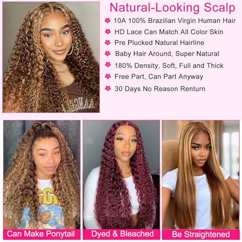5x5 HD Lace Closure Wigs Human Hair Highlight Ombre 5x5 Deep Wave Closure Wig 180% Density P4/27 Wet And Wavy Lace Front Wigs for Black Women Glueless Honey Blonde Deep Curly Wig Human Hair 22 Inch