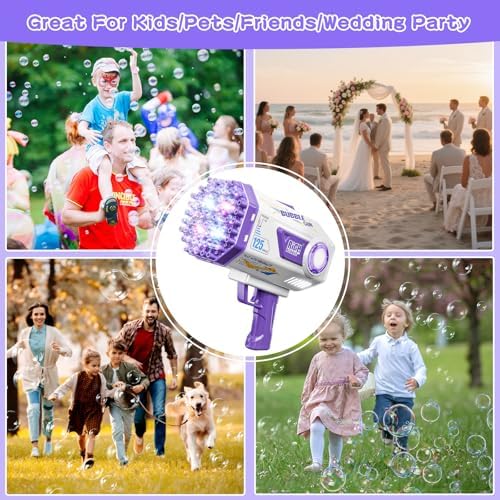 BOMOCO Bubble Gun, 125 Holes Bubble Machine Bubbles for Kids Age 3-12, Bubble Blaster Gun with Bubble Solution Summer Outdoor Bubble Toys Birthday Wedding Party Favors Bubble Maker Blower,Purple