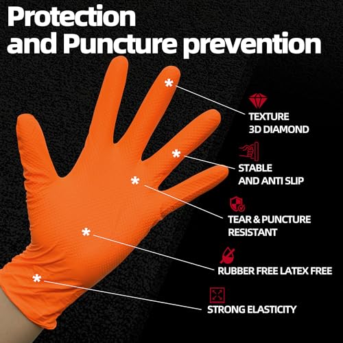 Jointown Basic Heavy Duty Nitrile Gloves Mechanic Gloves, Orange 8 Mil Nitrile Disposable Gloves Medium with Raised Diamond Texture, Latex Free, Powder Free Industrial Automotive Gloves Box of 200