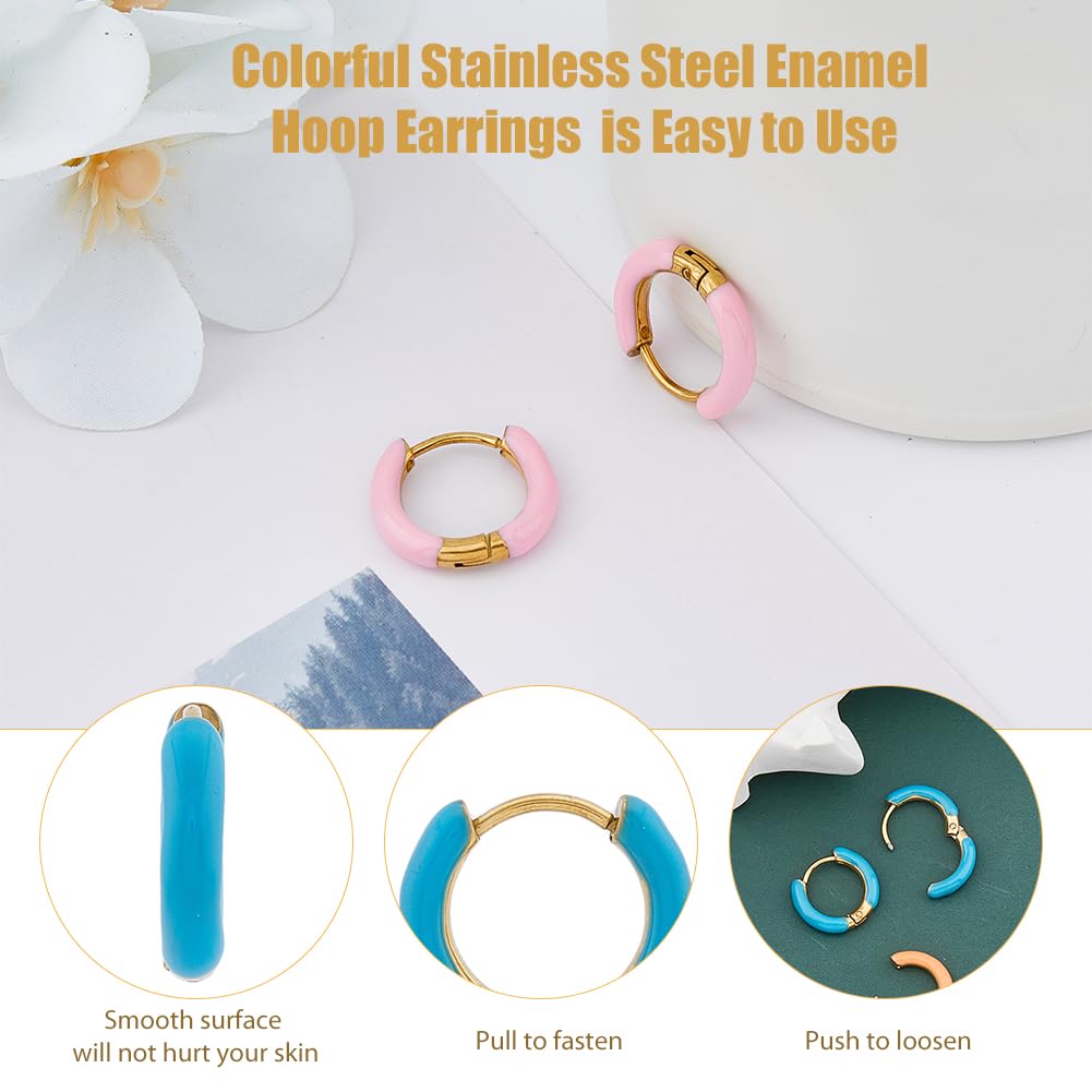 DICOSMETIC 9 Pairs Enamel Hoop Earring 15-16mm Colored Hoop Earrings 18K Gold Plated Huggie Hoops Earrings Small Cute Statement Earring Stainless Steel Fashion Jewelry Set for Women