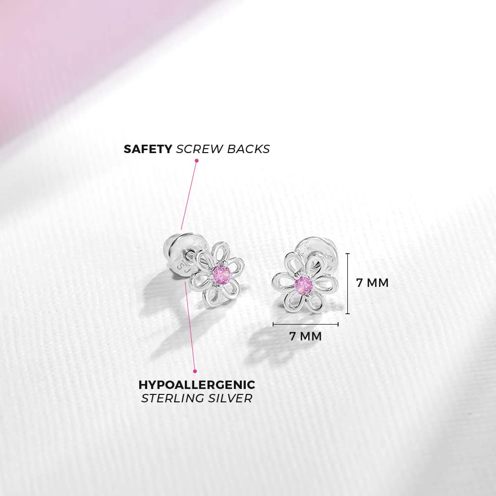In Season Jewelry CZ Flower Kids Earrings - 925 Sterling Silver (Pink)