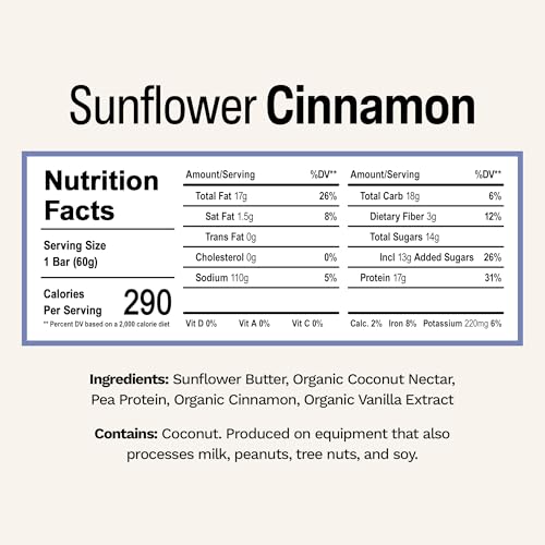 Rise Pea Protein Bar - Vegan Sunflower Cinnamon | Breakfast Bar & Protein Snack 17g Protein Just 5 Whole Food Ingredients Non-GMO Gluten-Free Soy Free