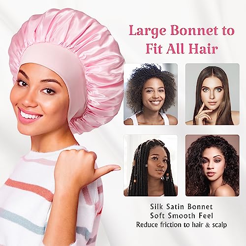 2pcs Double Layer Two-Color Satin Silk Hair Bonnet for Sleeping Women, Reversible Sleep Bonnets for Women, Wide Band Sleep Cap for Curly Hair Braids