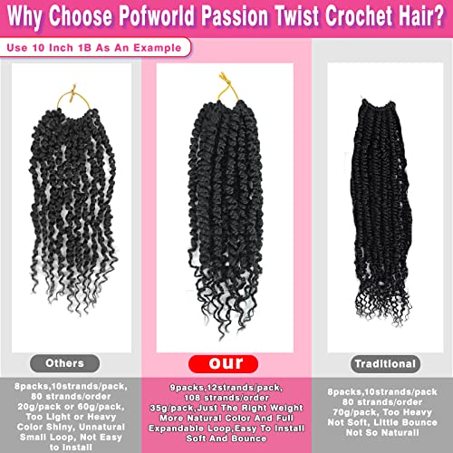9 Pack Passion Twist Crochet Hair 10 Inch Pre-twisted Passion Twist Hair Pre Looped Boho Crochet Braids Hair for Women Girls and Kids (10Inch,1B)