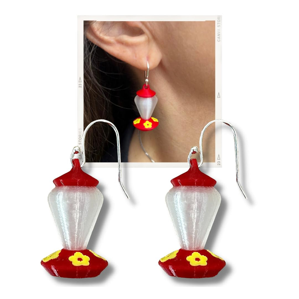 Generic Hummingbird Feeder Dangle Earrings, Red Plastic Hummingbird Earings, Red Stone