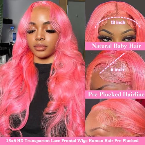 Pink Lace Front Wigs Human Hair 13x6 Body Wave Lace Front Wig Human Hair Pre Plucked 180% Density Hot Pink Hd Full Lace Frontal Wig Wear and Go Glueless Pink Wig Human Hair For Women 20 Inch
