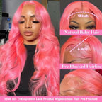 Pink Lace Front Wigs Human Hair 13x6 Body Wave Lace Front Wig Human Hair Pre Plucked 180% Density Hot Pink Hd Full Lace Frontal Wig Wear and Go Glueless Pink Wig Human Hair For Women 20 Inch