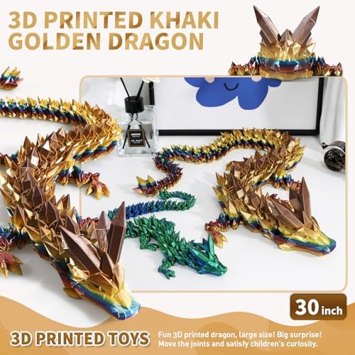Large 3D Printed Dragon,30 Inch 3D Dragon Toys,Bigger Fidget Crystal Animals Toys, 3D Printed Articulated Animals for Home Office Car Desk Decor(Khaki Gold, 30 inch)