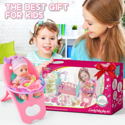 deAO 12” Baby Doll Play Set with Crib, Mobile, High Chair Feeding Accessories, Interactive Dolls for Girls Kids Pretend Play Baby Dolls 21 PCS