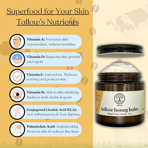 Beef Tallow for Skin | 100% Grass-Fed Tallow & Raw MN Honey | 2 Ingredients | Whipped & UNSCENTED | Whole Body & Face Balm for Sensitive, Dry Skin, Eczema, Psoriasis, Rosacea (4oz)