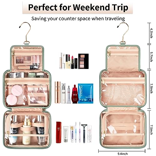 CUBETASTIC Hanging Travel Toiletry Bag, Green Makeup Organizer for Women Men, 3 Compartment Portable Cute Cosmetic Case Water-resistant Small Travel Bag for Toiletries