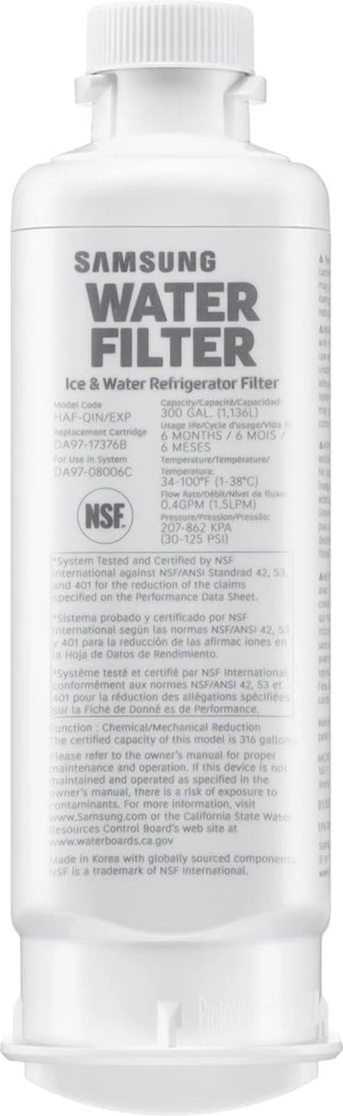 Samsung HAF-QIN/EXP Genuine Refrigerator Water Filter, Reduces 99% of Harmful Contaminants for Clean, Clear Drinking Water, 6-Month Life, Easy Install, Pack of 1