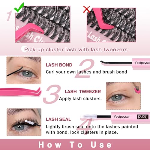 Focipeysa Wispy Lash Clusters 360pcs Eyelash Extension 30D 40D 50D Individual Lashes 9-16mm Mixed Eyelash Clusters Natural Lash Extensions with Lash Bond and Seal and Tweezers DIY Cluster Eyelashes