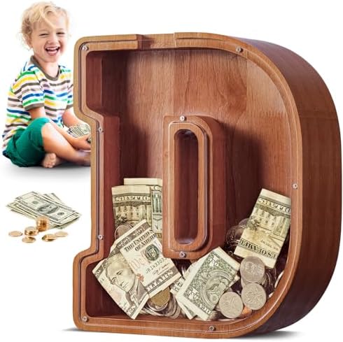 Summidate Large Wooden Piggy Bank for Kids Adults, Alphabets Letter A-Z Piggy Bank for Boys Girls, Coins Bills Change Bank Box Personalized Initial Name Kids Money Bank for Birthday Present and Decor