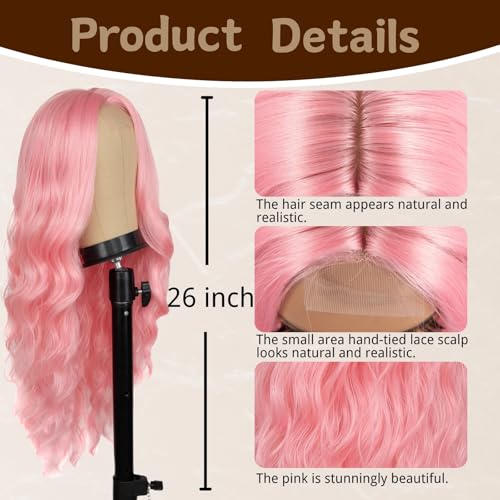 Long Pink Wig for Women 26 Inch Middle Part Wavy Women Charming Hair Realistic Natural Looking Synthetic Heat Resistant Fiber Wig for Daily Party Use