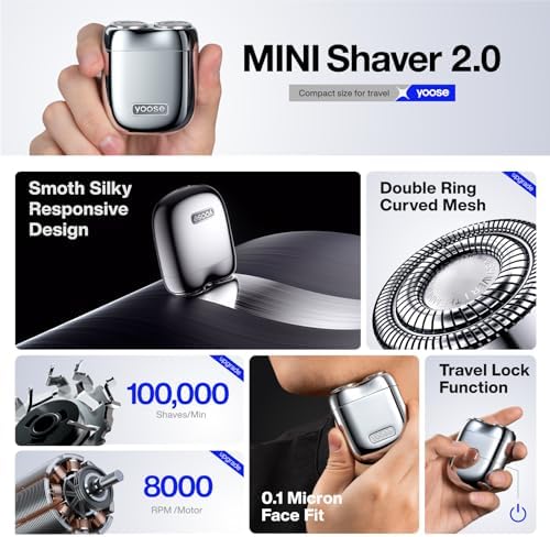 Mini Shaver On-The-Go, Portable Alloy Electric Shaver for Men, Cordless Travel Shaver, Dry Shave, USB-C Rechargeable Electric Razor, IPX7 Waterproof, Easy Cleaning, Battery Indicator, Silver