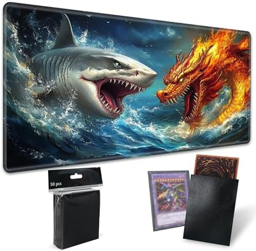 Playmats for Magic: The Gathering MTG Card Game Mat Plus 50 Pcs Card Sleeves, 24 x 14 inch TCG Mat with Stitched Edge for Commander Deck Duskmourn Board Game, Dragon and White Shark