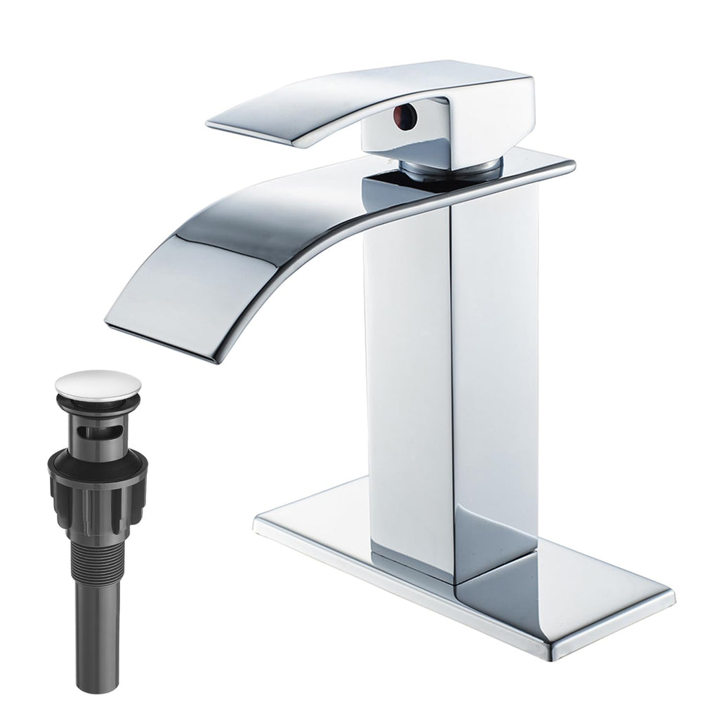 VOTON Chrome Bathroom Faucets Waterfall Bathroom Sink Faucet Modern Single Handle Bathroom Faucet for 1 or 3 Holes with Deck Plate and Pop-Up Drain, Rv Sink Camper Farmhouse Bathroom Faucet