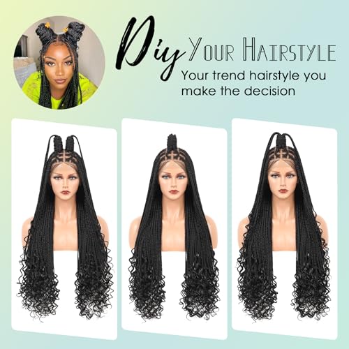 36 Inch 13X8 HD Lace Front Box Braided Wigs With Boho Curly Ends Knotless Braided Wig For Women Human Hair Blended Braids Lace Front Wig With Baby Hair Natural Black